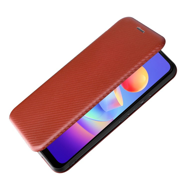 Carbon Fiber Texture Magnetic Auto Closing PU Leather Phone Case Cover with Stand and Card Slot for vivo Y3s (2021) - Orange