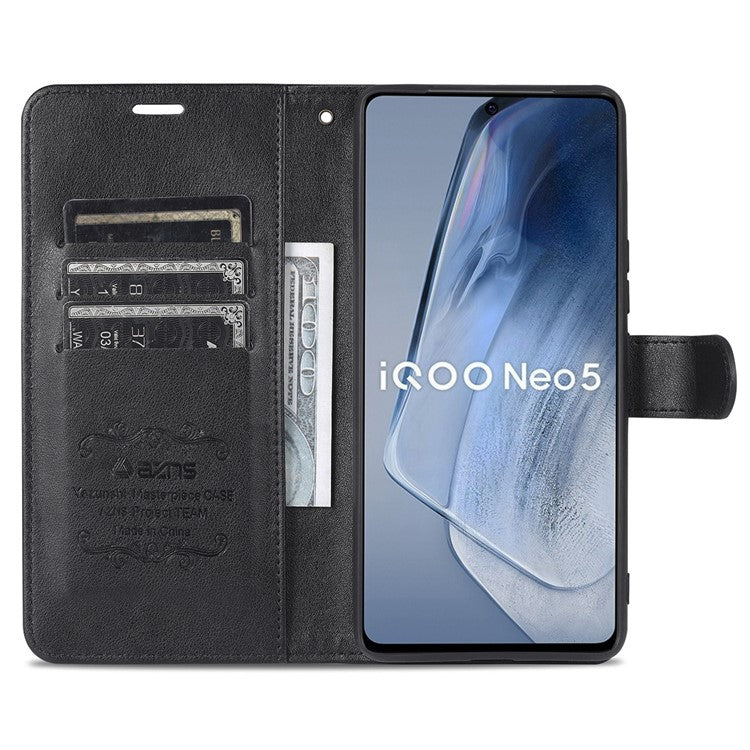 AZNS Textured Leather Case Stand Wallet All-round Protection Phone Cover for vivo iQOO Neo5 - Black