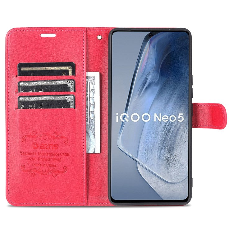 AZNS Textured Leather Case Stand Wallet All-round Protection Phone Cover for vivo iQOO Neo5 - Red