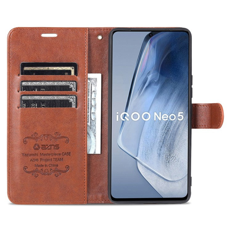 AZNS Textured Leather Case Stand Wallet All-round Protection Phone Cover for vivo iQOO Neo5 - Brown