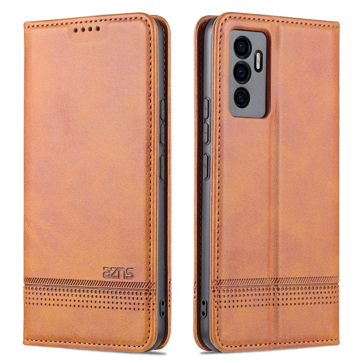 AZNS Book Stand PU Leather Phone Case Magnetic Auto-absorbed Wallet Flip Cover for vivo S10e / V23e 4G - Brown