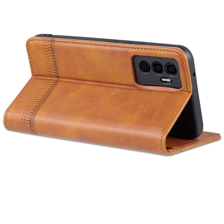 AZNS Book Stand PU Leather Phone Case Magnetic Auto-absorbed Wallet Flip Cover for vivo S10e / V23e 4G - Brown