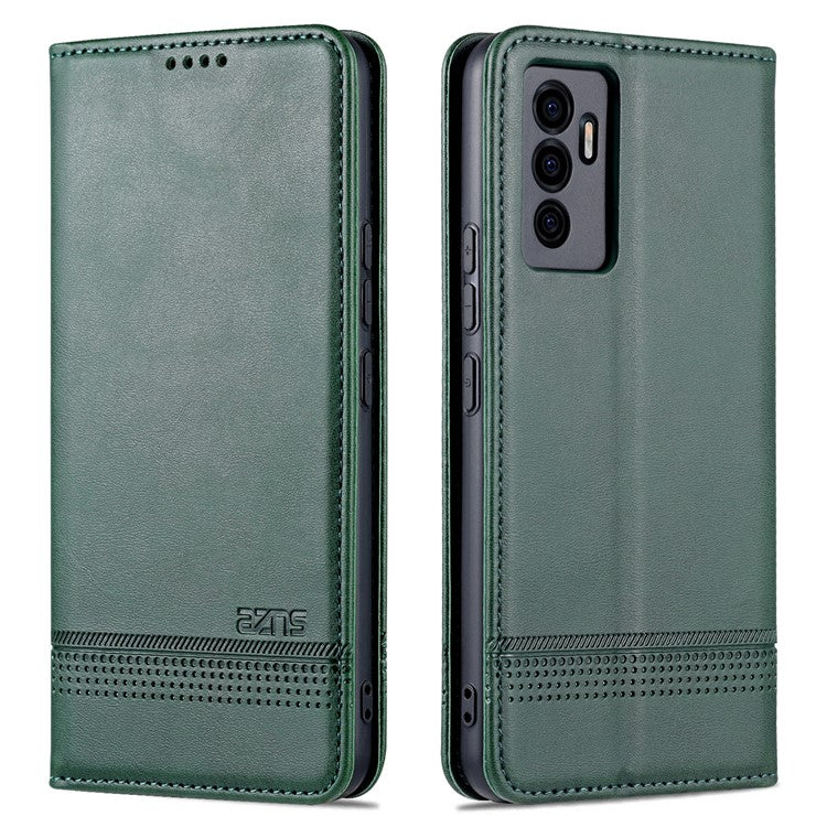 AZNS Book Stand PU Leather Phone Case Magnetic Auto-absorbed Wallet Flip Cover for vivo S10e / V23e 4G - Blackish Green