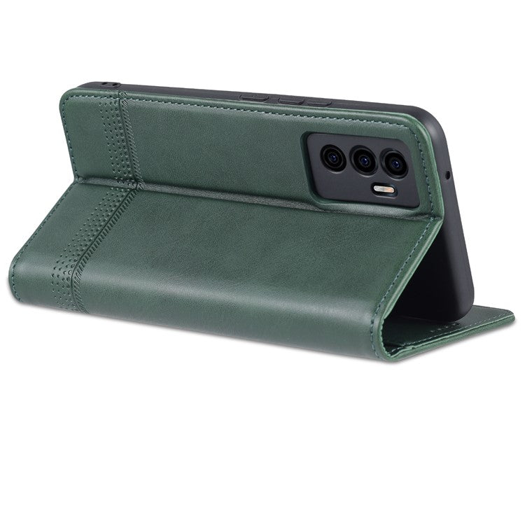 AZNS Book Stand PU Leather Phone Case Magnetic Auto-absorbed Wallet Flip Cover for vivo S10e / V23e 4G - Blackish Green