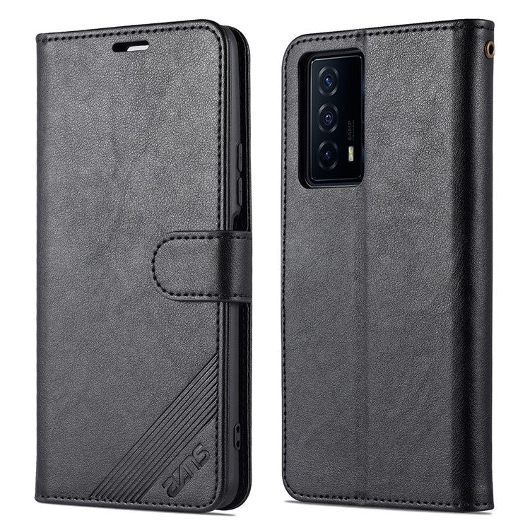 AZNS Textured PU Leather Stand Wallet Case Magnetic Clasp Shockproof Cover for vivo iQOO Z5 - Black