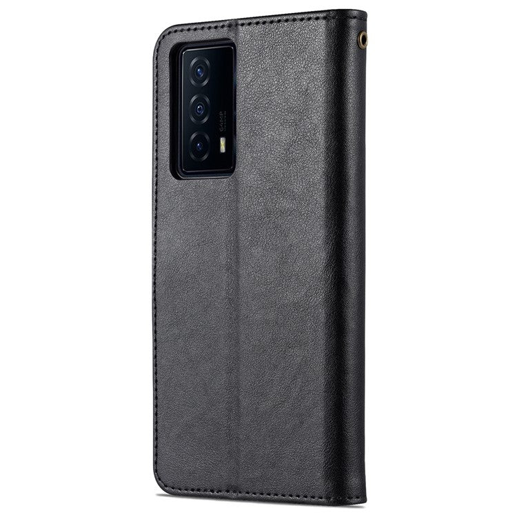 AZNS Textured PU Leather Stand Wallet Case Magnetic Clasp Shockproof Cover for vivo iQOO Z5 - Black