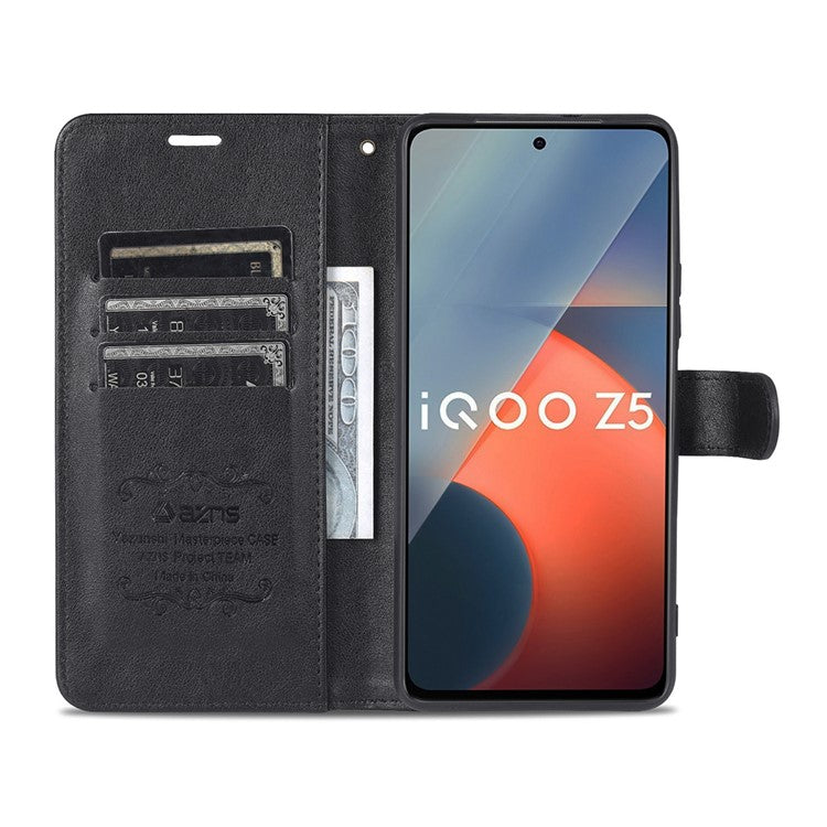 AZNS Textured PU Leather Stand Wallet Case Magnetic Clasp Shockproof Cover for vivo iQOO Z5 - Black