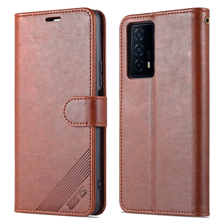 AZNS Textured PU Leather Stand Wallet Case Magnetic Clasp Shockproof Cover for vivo iQOO Z5 - Brown