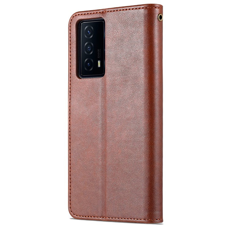 AZNS Textured PU Leather Stand Wallet Case Magnetic Clasp Shockproof Cover for vivo iQOO Z5 - Brown