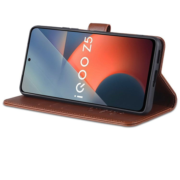 AZNS Textured PU Leather Stand Wallet Case Magnetic Clasp Shockproof Cover for vivo iQOO Z5 - Brown