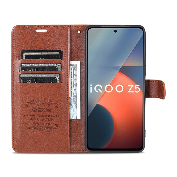 AZNS Textured PU Leather Stand Wallet Case Magnetic Clasp Shockproof Cover for vivo iQOO Z5 - Brown