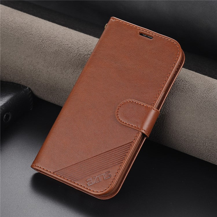 AZNS Textured PU Leather Stand Wallet Case Magnetic Clasp Shockproof Cover for vivo iQOO Z5 - Brown