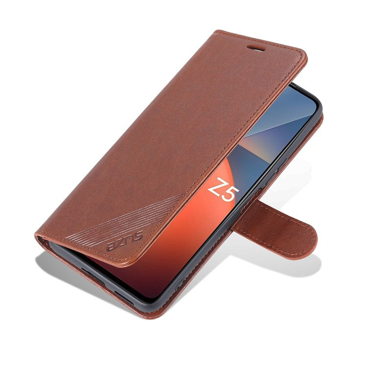 AZNS Textured PU Leather Stand Wallet Case Magnetic Clasp Shockproof Cover for vivo iQOO Z5 - Brown