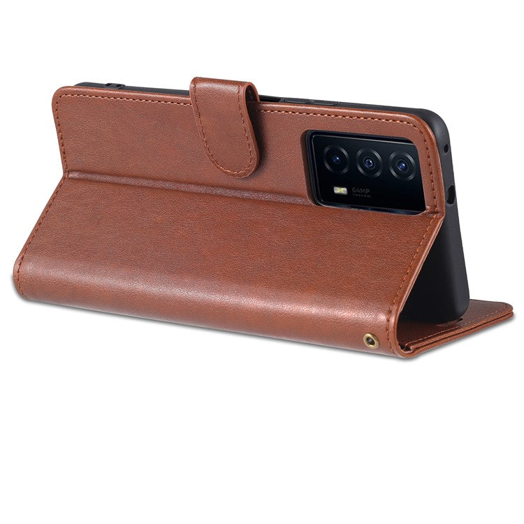 AZNS Textured PU Leather Stand Wallet Case Magnetic Clasp Shockproof Cover for vivo iQOO Z5 - Brown