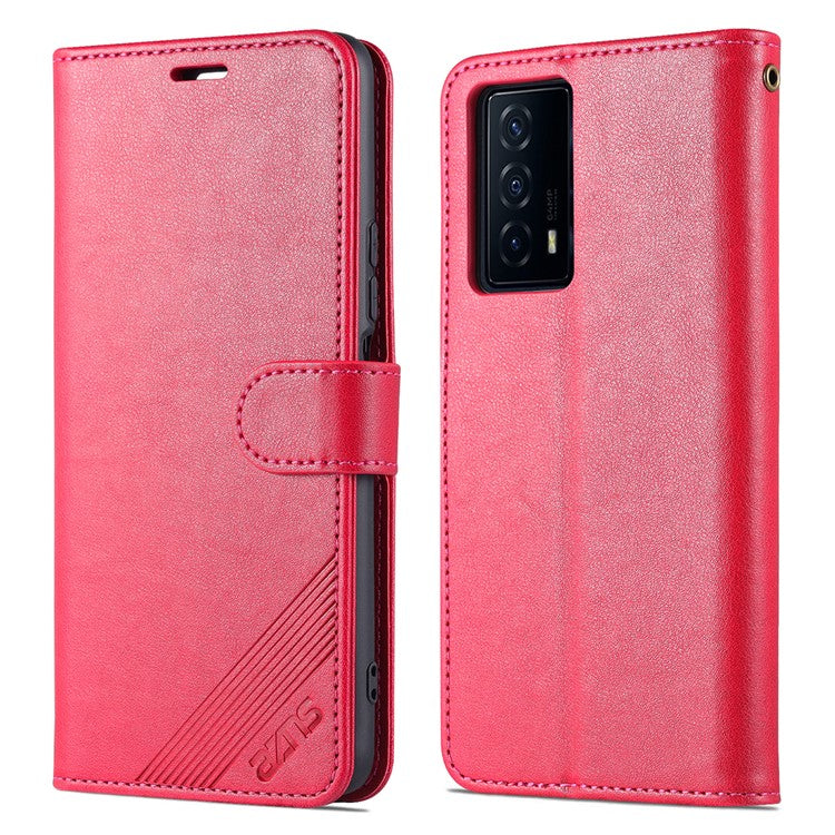 AZNS Textured PU Leather Stand Wallet Case Magnetic Clasp Shockproof Cover for vivo iQOO Z5 - Red