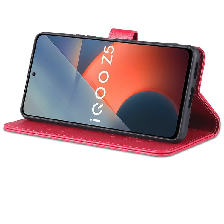 AZNS Textured PU Leather Stand Wallet Case Magnetic Clasp Shockproof Cover for vivo iQOO Z5 - Red