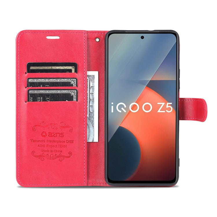 AZNS Textured PU Leather Stand Wallet Case Magnetic Clasp Shockproof Cover for vivo iQOO Z5 - Red