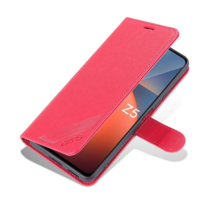 AZNS Textured PU Leather Stand Wallet Case Magnetic Clasp Shockproof Cover for vivo iQOO Z5 - Red