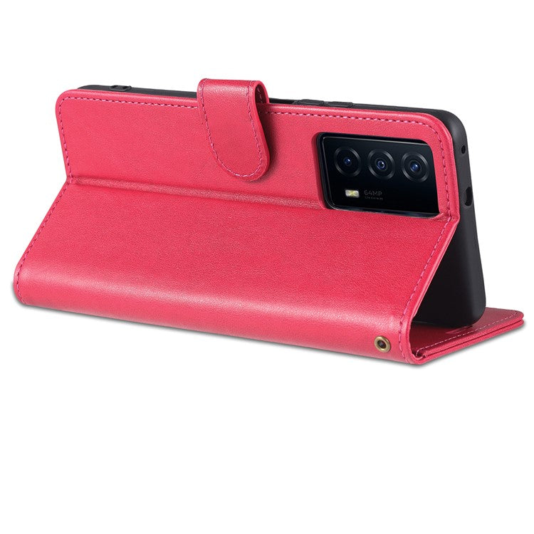 AZNS Textured PU Leather Stand Wallet Case Magnetic Clasp Shockproof Cover for vivo iQOO Z5 - Red