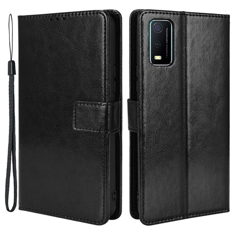 Handy Strap Anti-fall Crazy Horse Texture Magnetic Closure Case PU Leather Wallet Cover for vivo Y3s (2021) - Black