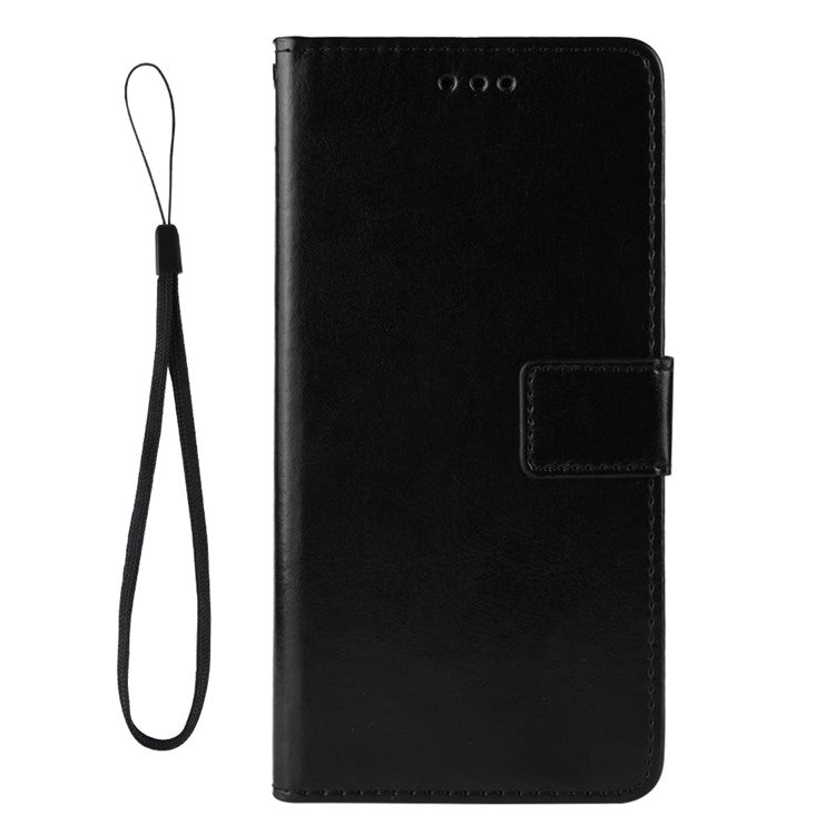 Handy Strap Anti-fall Crazy Horse Texture Magnetic Closure Case PU Leather Wallet Cover for vivo Y3s (2021) - Black