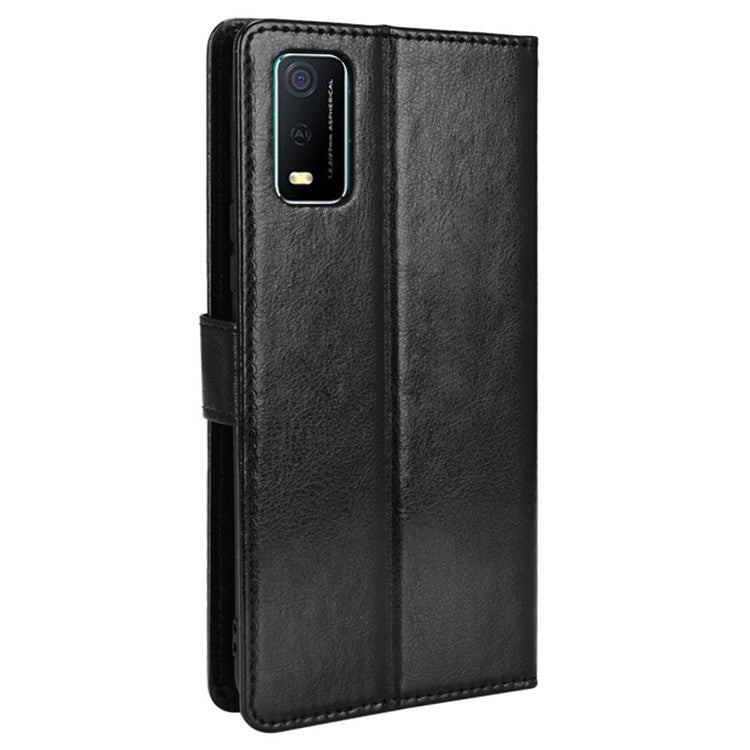 Handy Strap Anti-fall Crazy Horse Texture Magnetic Closure Case PU Leather Wallet Cover for vivo Y3s (2021) - Black