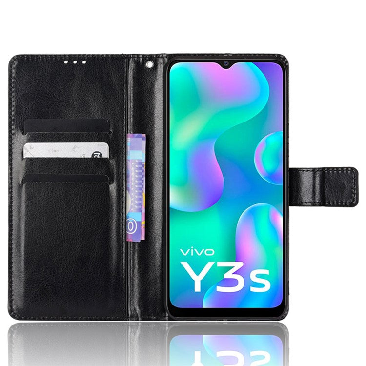 Handy Strap Anti-fall Crazy Horse Texture Magnetic Closure Case PU Leather Wallet Cover for vivo Y3s (2021) - Black