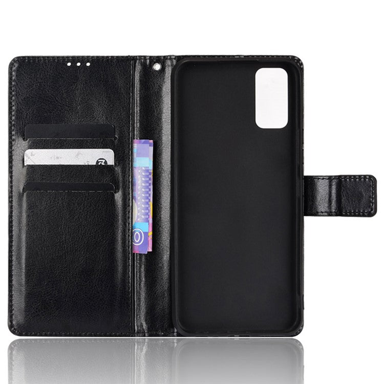 Handy Strap Anti-fall Crazy Horse Texture Magnetic Closure Case PU Leather Wallet Cover for vivo Y3s (2021) - Black