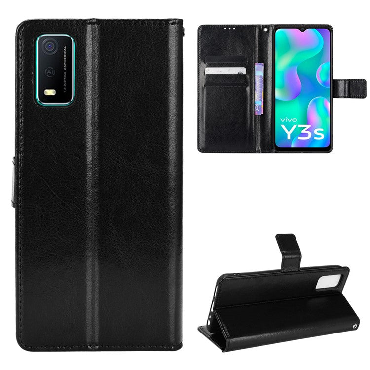 Handy Strap Anti-fall Crazy Horse Texture Magnetic Closure Case PU Leather Wallet Cover for vivo Y3s (2021) - Black