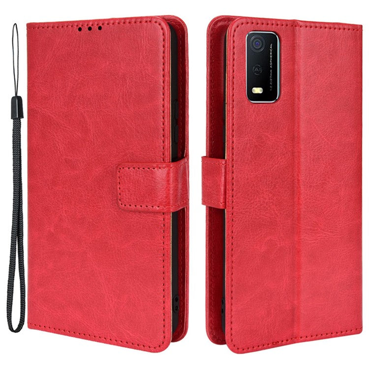 Handy Strap Anti-fall Crazy Horse Texture Magnetic Closure Case PU Leather Wallet Cover for vivo Y3s (2021) - Red