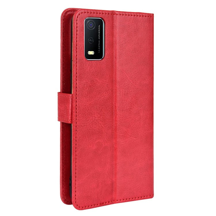 Handy Strap Anti-fall Crazy Horse Texture Magnetic Closure Case PU Leather Wallet Cover for vivo Y3s (2021) - Red