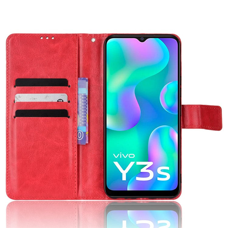 Handy Strap Anti-fall Crazy Horse Texture Magnetic Closure Case PU Leather Wallet Cover for vivo Y3s (2021) - Red