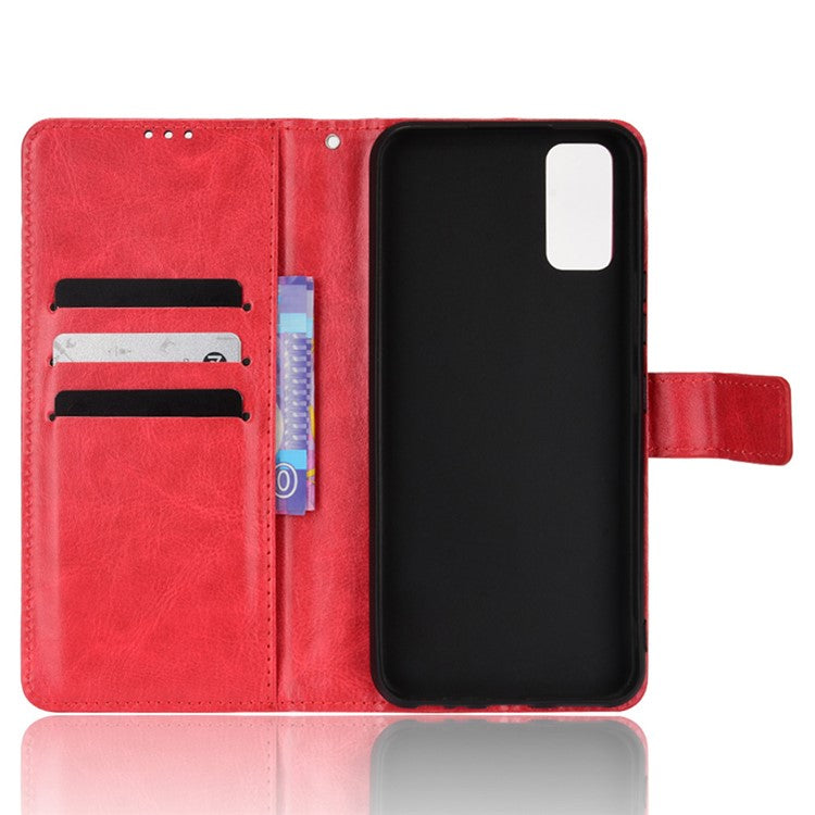 Handy Strap Anti-fall Crazy Horse Texture Magnetic Closure Case PU Leather Wallet Cover for vivo Y3s (2021) - Red