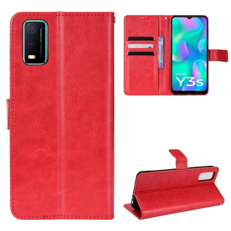 Handy Strap Anti-fall Crazy Horse Texture Magnetic Closure Case PU Leather Wallet Cover for vivo Y3s (2021) - Red