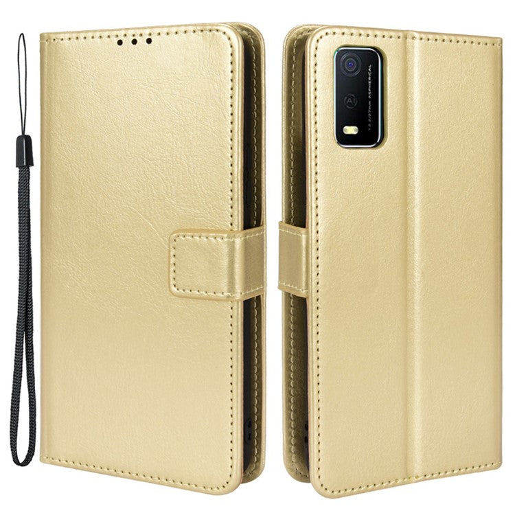 Handy Strap Anti-fall Crazy Horse Texture Magnetic Closure Case PU Leather Wallet Cover for vivo Y3s (2021) - Gold