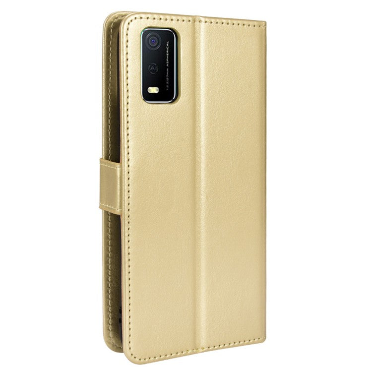 Handy Strap Anti-fall Crazy Horse Texture Magnetic Closure Case PU Leather Wallet Cover for vivo Y3s (2021) - Gold