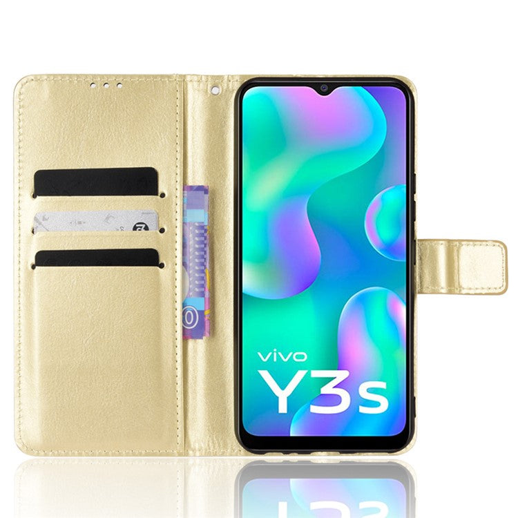 Handy Strap Anti-fall Crazy Horse Texture Magnetic Closure Case PU Leather Wallet Cover for vivo Y3s (2021) - Gold