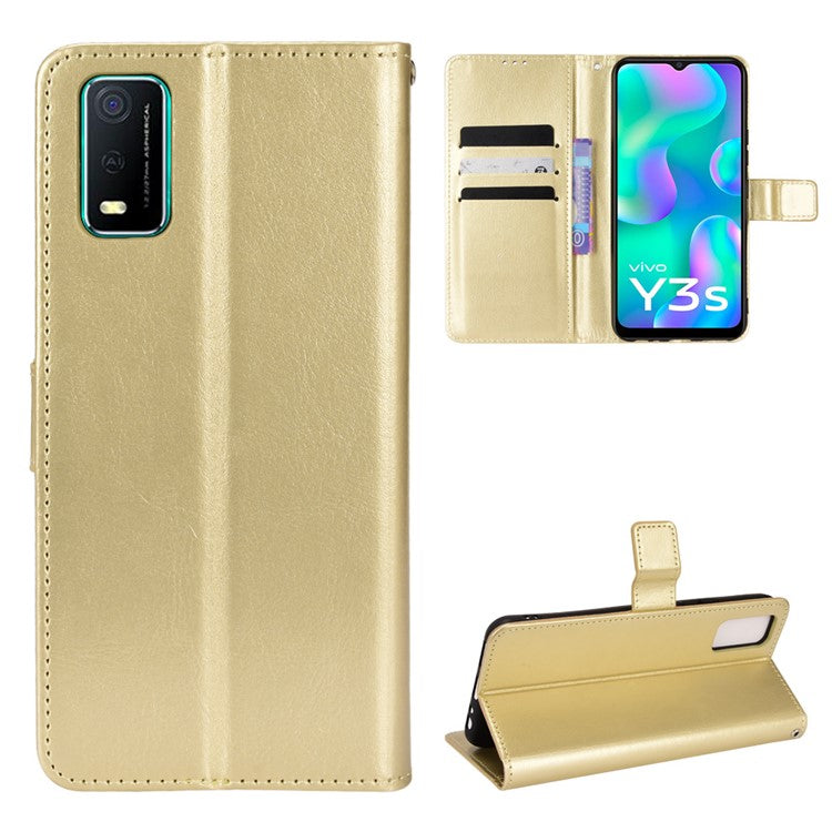 Handy Strap Anti-fall Crazy Horse Texture Magnetic Closure Case PU Leather Wallet Cover for vivo Y3s (2021) - Gold