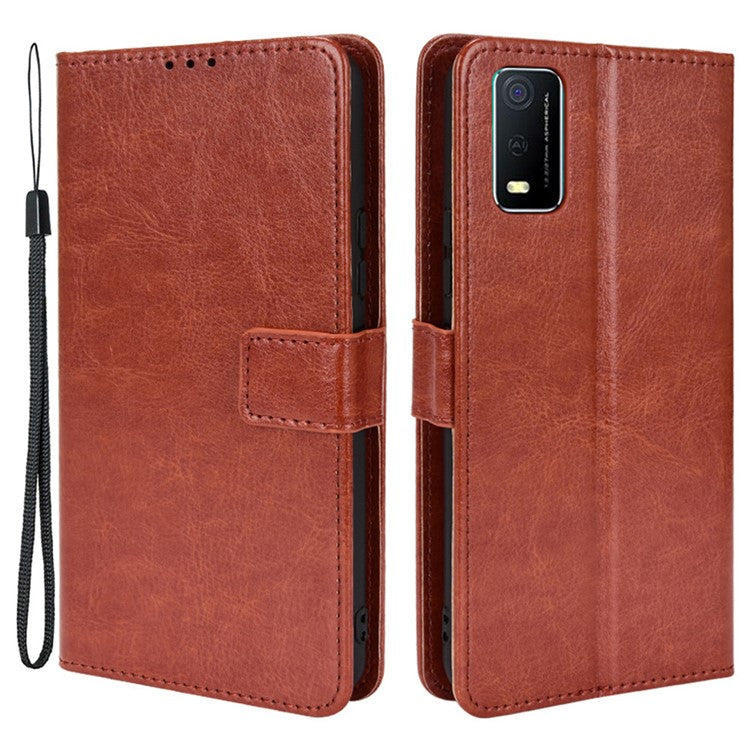 Handy Strap Anti-fall Crazy Horse Texture Magnetic Closure Case PU Leather Wallet Cover for vivo Y3s (2021) - Brown