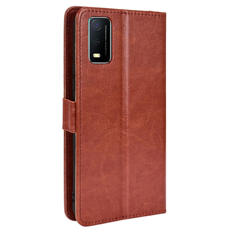 Handy Strap Anti-fall Crazy Horse Texture Magnetic Closure Case PU Leather Wallet Cover for vivo Y3s (2021) - Brown