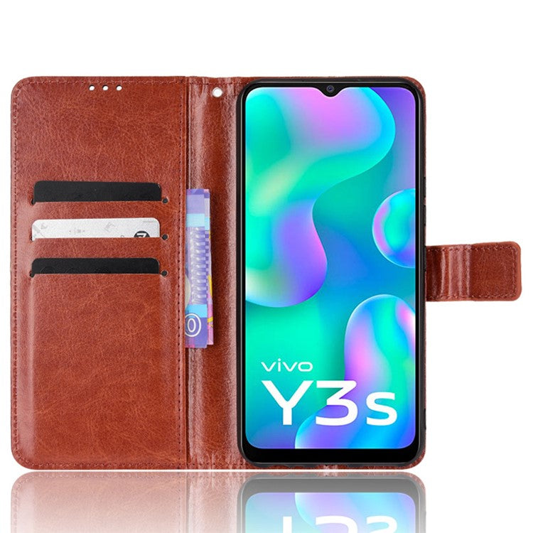 Handy Strap Anti-fall Crazy Horse Texture Magnetic Closure Case PU Leather Wallet Cover for vivo Y3s (2021) - Brown