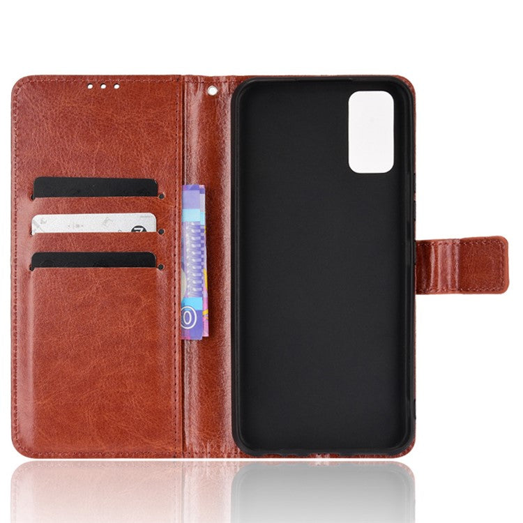 Handy Strap Anti-fall Crazy Horse Texture Magnetic Closure Case PU Leather Wallet Cover for vivo Y3s (2021) - Brown