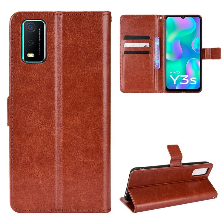 Handy Strap Anti-fall Crazy Horse Texture Magnetic Closure Case PU Leather Wallet Cover for vivo Y3s (2021) - Brown