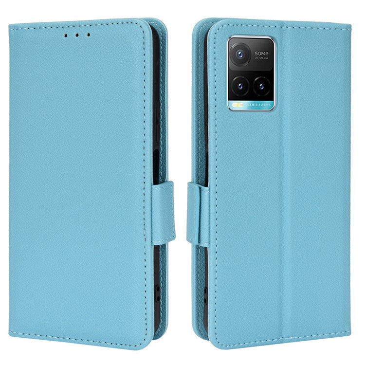 Wallet Design Flip Litchi Texture PU Leather Cover Magnetic Clasp Folio Stand Case for vivo Y33s 4G / Y21 / Y21s / Y32 4G / Y21t 4G / Y21e 4G / Y21a 4G / Y21G / T1X 4G / Y33t - Baby Blue