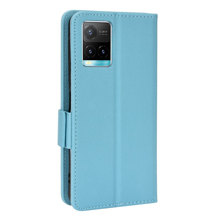 Wallet Design Flip Litchi Texture PU Leather Cover Magnetic Clasp Folio Stand Case for vivo Y33s 4G / Y21 / Y21s / Y32 4G / Y21t 4G / Y21e 4G / Y21a 4G / Y21G / T1X 4G / Y33t - Baby Blue