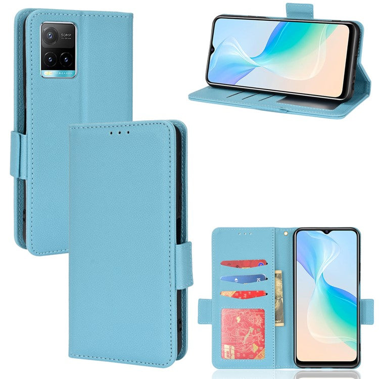 Wallet Design Flip Litchi Texture PU Leather Cover Magnetic Clasp Folio Stand Case for vivo Y33s 4G / Y21 / Y21s / Y32 4G / Y21t 4G / Y21e 4G / Y21a 4G / Y21G / T1X 4G / Y33t - Baby Blue