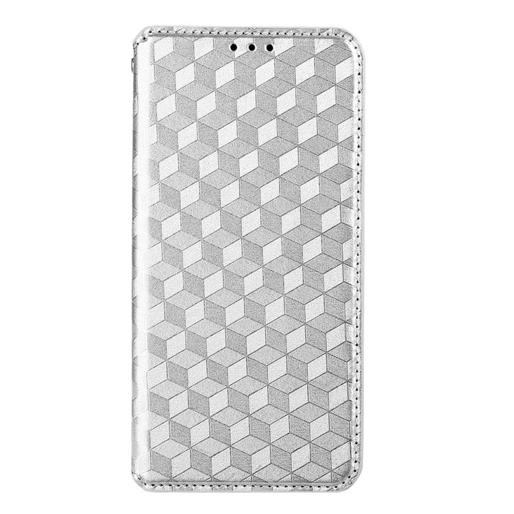 Scratch Resistant PU Leather + TPU Phone Case Imprinted 3D Rhombus Pattern Protective Cover Shell with Stand Wallet for vivo Y33s 4G / Y21 / Y21s / Y32 4G / Y21t 4G / Y21e 4G / Y21a 4G / Y21G / T1X 4G / Y33t - Silver