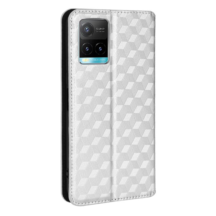 Scratch Resistant PU Leather + TPU Phone Case Imprinted 3D Rhombus Pattern Protective Cover Shell with Stand Wallet for vivo Y33s 4G / Y21 / Y21s / Y32 4G / Y21t 4G / Y21e 4G / Y21a 4G / Y21G / T1X 4G / Y33t - Silver