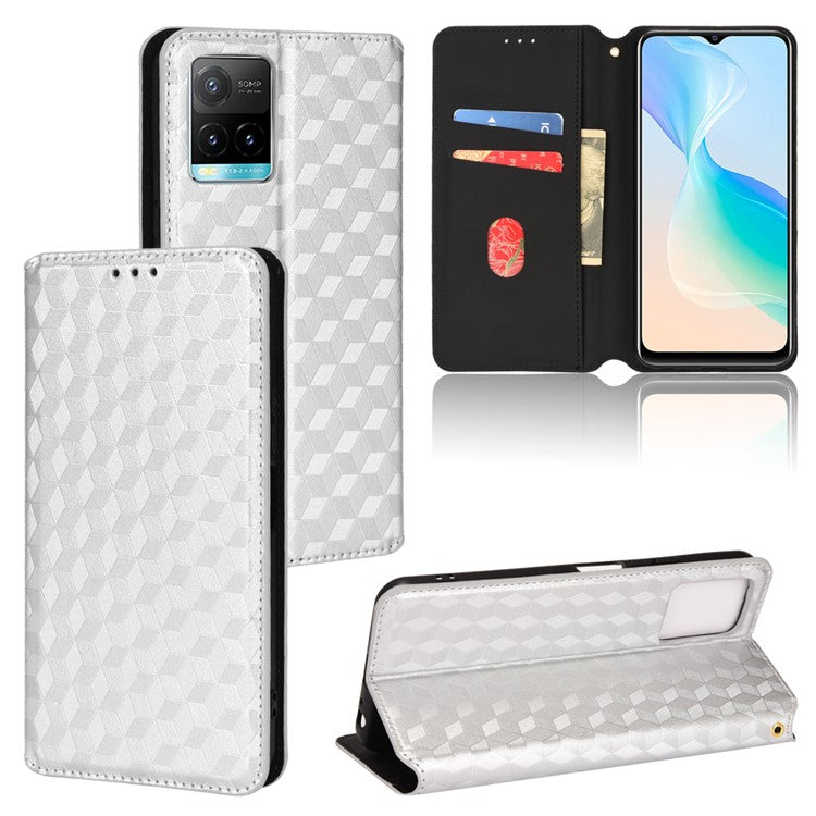 Scratch Resistant PU Leather + TPU Phone Case Imprinted 3D Rhombus Pattern Protective Cover Shell with Stand Wallet for vivo Y33s 4G / Y21 / Y21s / Y32 4G / Y21t 4G / Y21e 4G / Y21a 4G / Y21G / T1X 4G / Y33t - Silver