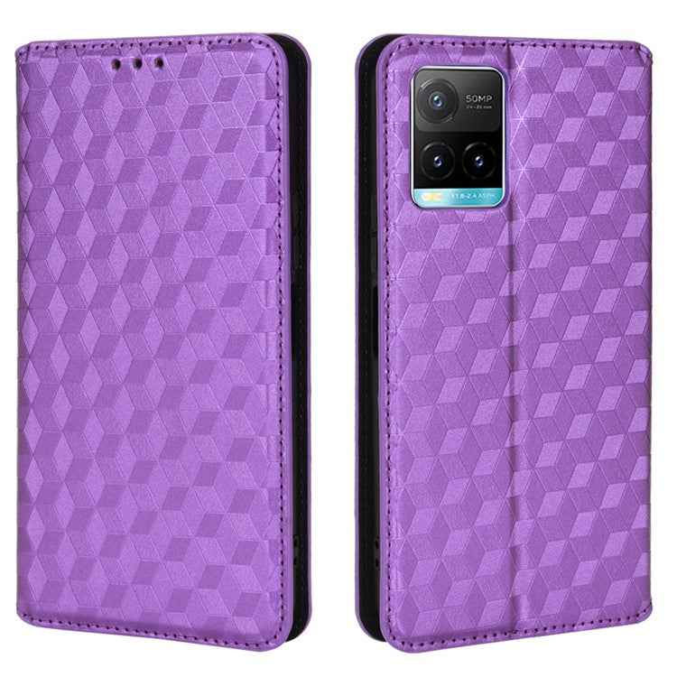 Scratch Resistant PU Leather + TPU Phone Case Imprinted 3D Rhombus Pattern Protective Cover Shell with Stand Wallet for vivo Y33s 4G / Y21 / Y21s / Y32 4G / Y21t 4G / Y21e 4G / Y21a 4G / Y21G / T1X 4G / Y33t - Purple